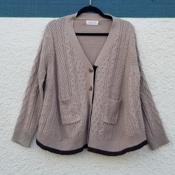 Simply Couture Sweaters - Simply Couture tan cable knit cardigan with brown trim SEE MEASUREMENTS